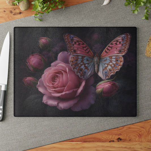 Pink Rose & Butterfly Glass Cutting Board – Elegant Dark Floral Nature Kitchen Décor