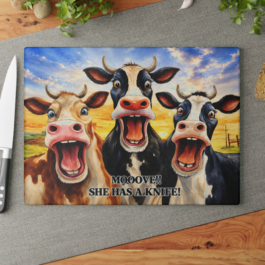 Mooove!! She Has a Knife Glass Cutting Board – Funny Farm Kitchen Decor