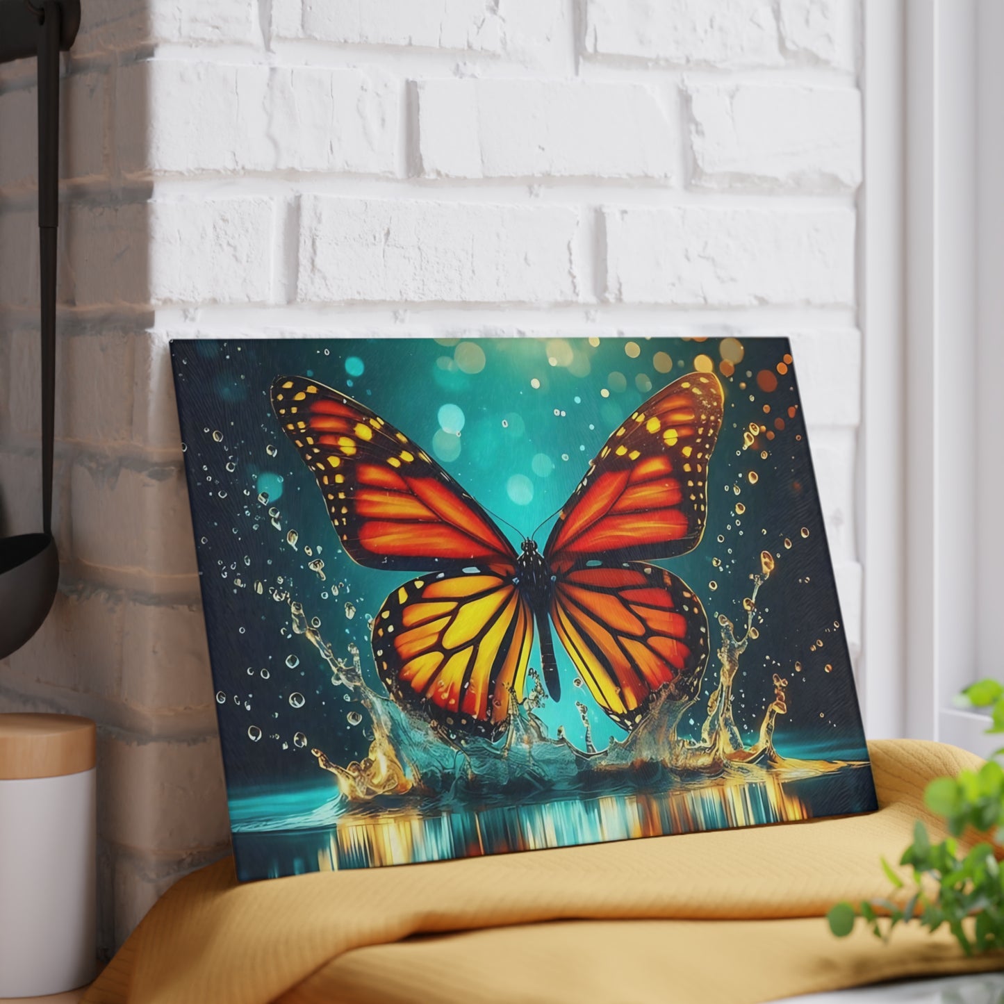 Monarch Butterfly Splash Glass Cutting Board – Vibrant Water Scene, Nature-Inspired Kitchen Decor