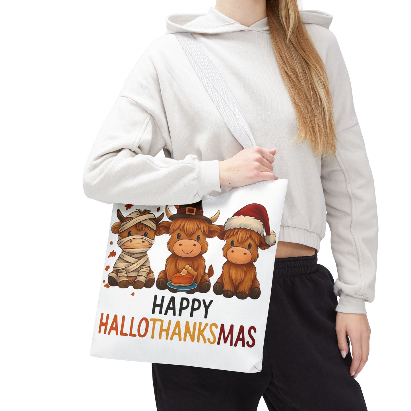 🐮 Happy Hallothanksmas Highland Cow Tote Bag – Holiday Fun All Season 🎃🦃🎄👜