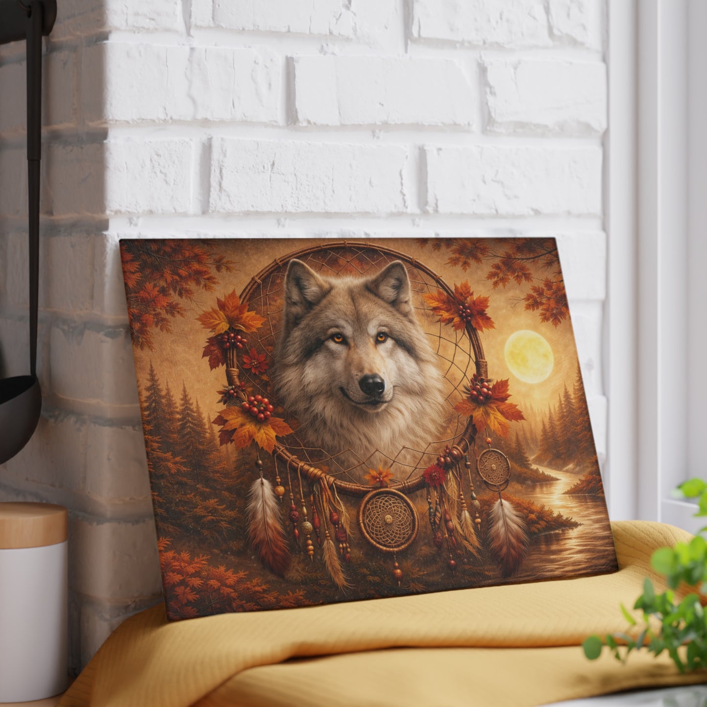 Autumn Wolf Dreamcatcher Glass Cutting Board – Rustic Woodland Wildlife Kitchen Art