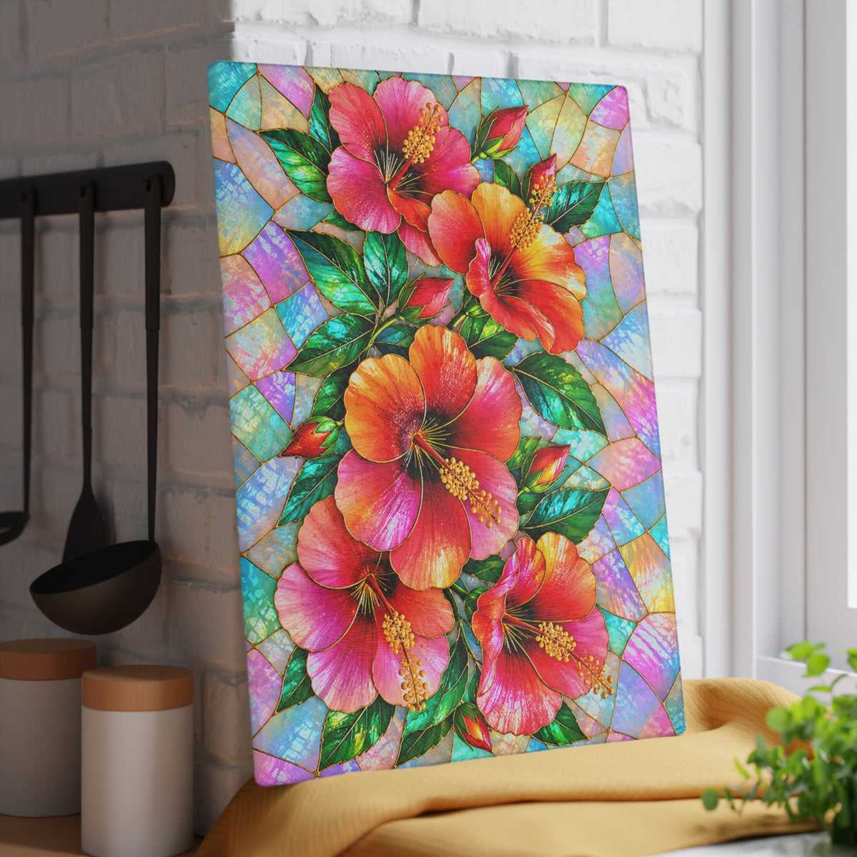 Stained-Glass-Inspired Tropical Hibiscus Cutting Board – Vibrant Pink & Orange Flowers, Iridescent Mosaic Background & Botanical Kitchen Décor