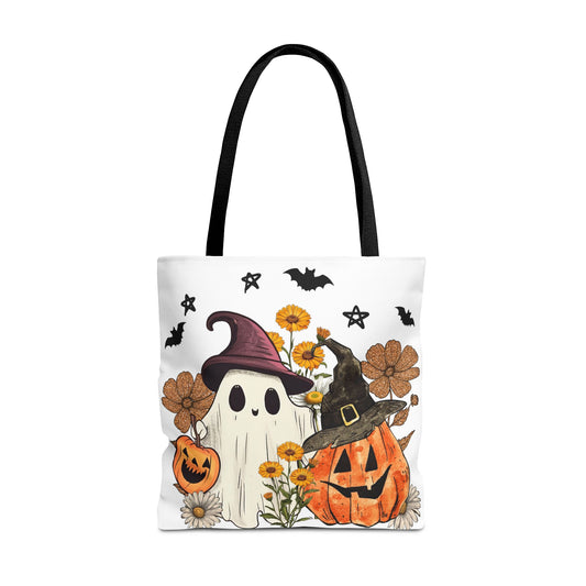 🎃 Ghost & Pumpkin Floral Tote Bag – Whimsical Halloween Charm 👻👜