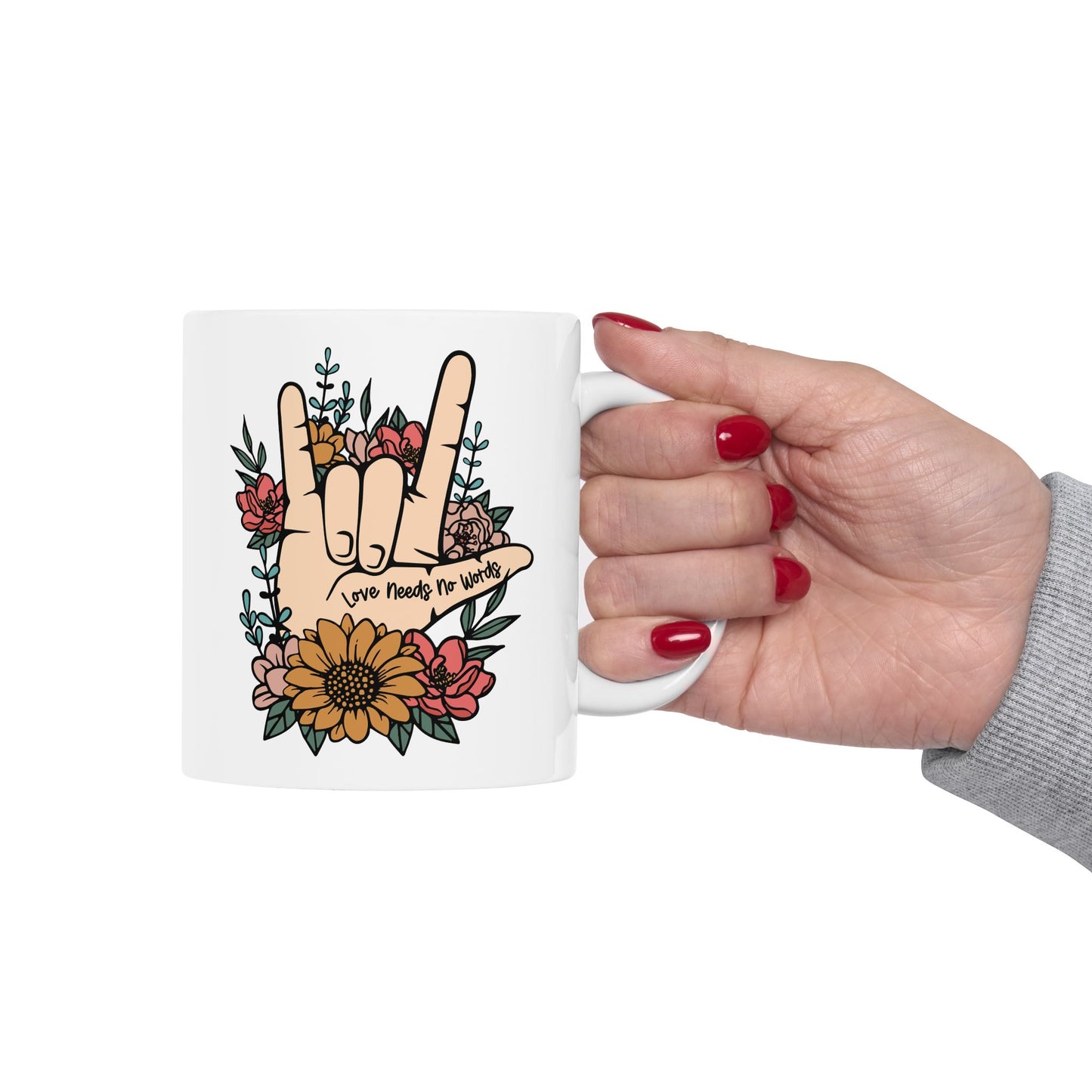 💖 "El amor no necesita palabras" – Taza de mano en lenguaje de señas con un hermoso diseño floral 🌸
