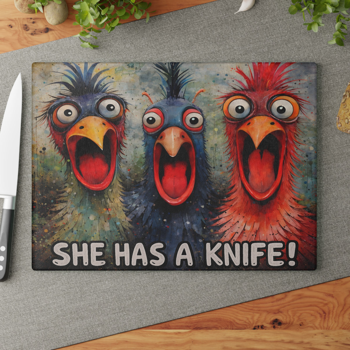 She Has a Knife Glass Cutting Board – Funny Chicken Kitchen Art with Bold Farm Humor