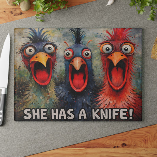 She Has a Knife Glass Cutting Board – Funny Chicken Kitchen Art with Bold Farm Humor