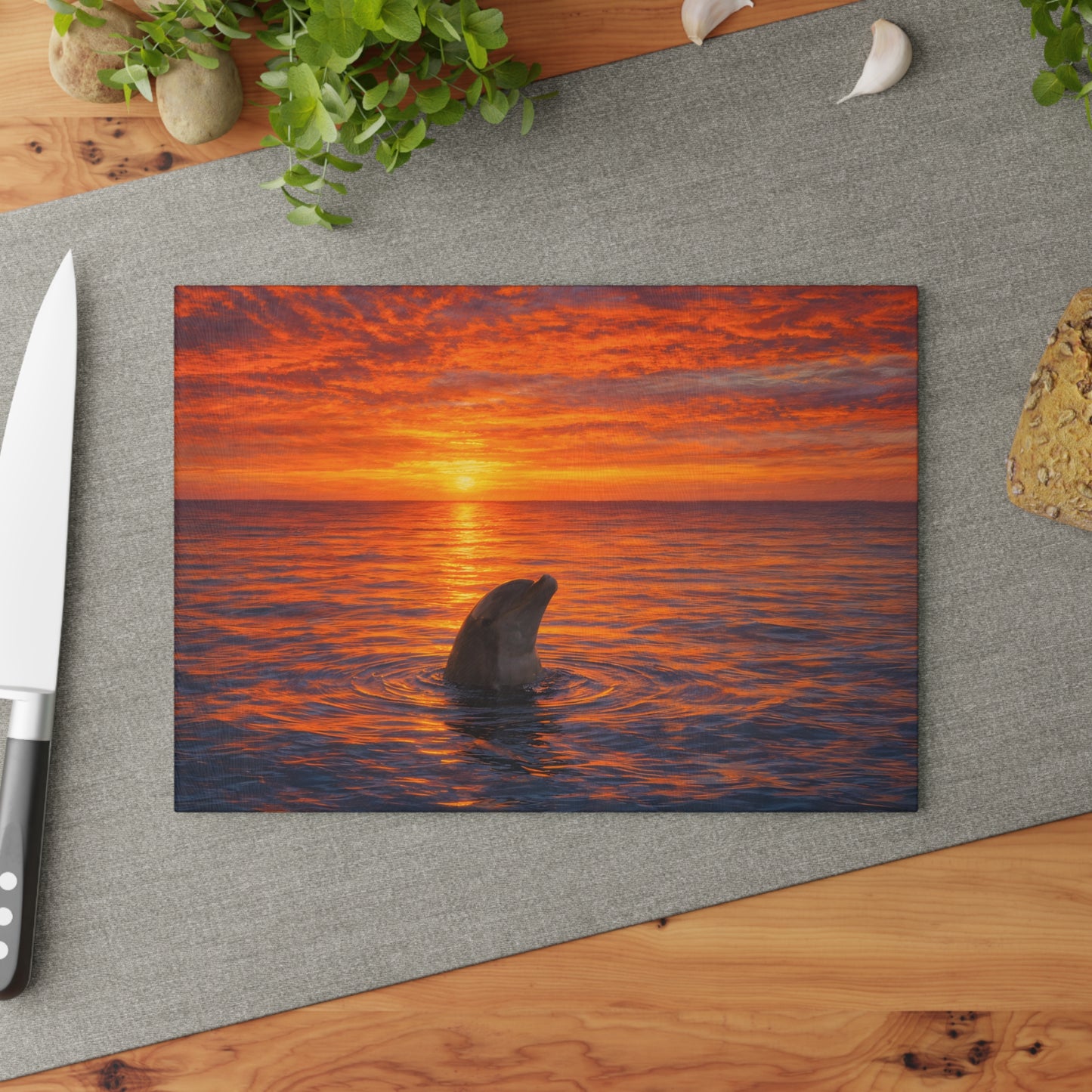 Dolphin Sunset Glass Cutting Board – Ocean Serenity Coastal Kitchen Decor