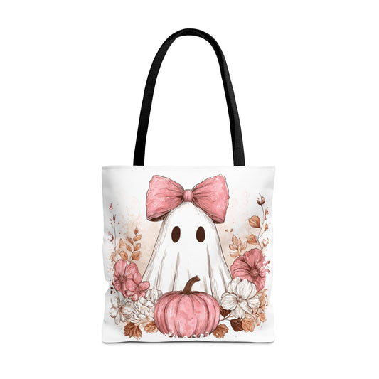 👻 Pink Bow Ghost Floral Halloween Tote Bag – Spooky Cute with Fall Charm 🎀👜