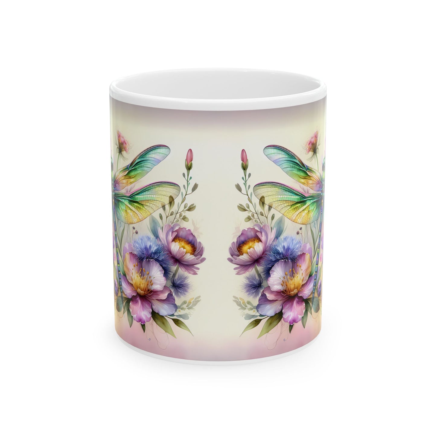 Libélula arcoíris y jardín de flores silvestres: envoltorio floral para tazas para amantes de la naturaleza ☕