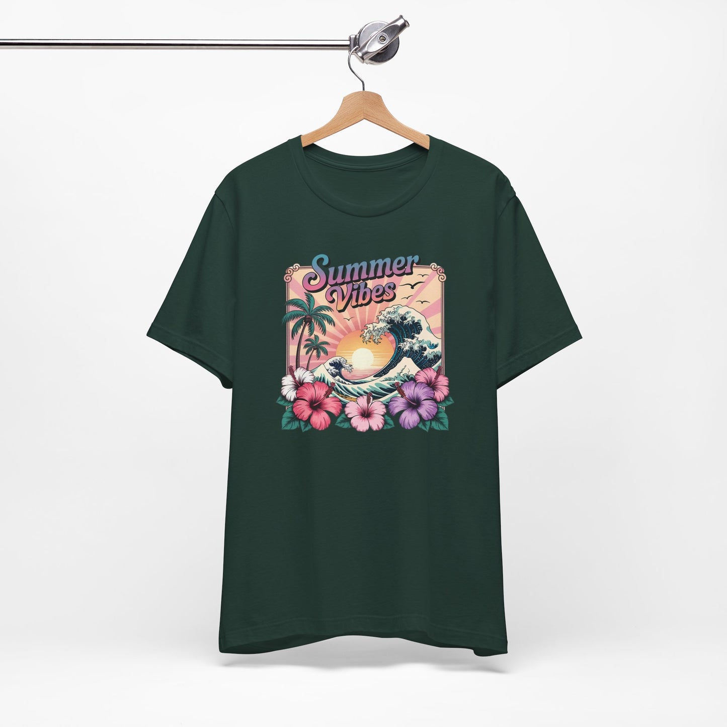 ☀️ Camiseta Summer Vibes – Ola playera vibrante, hibisco y palmeras | Camiseta gráfica para mujer