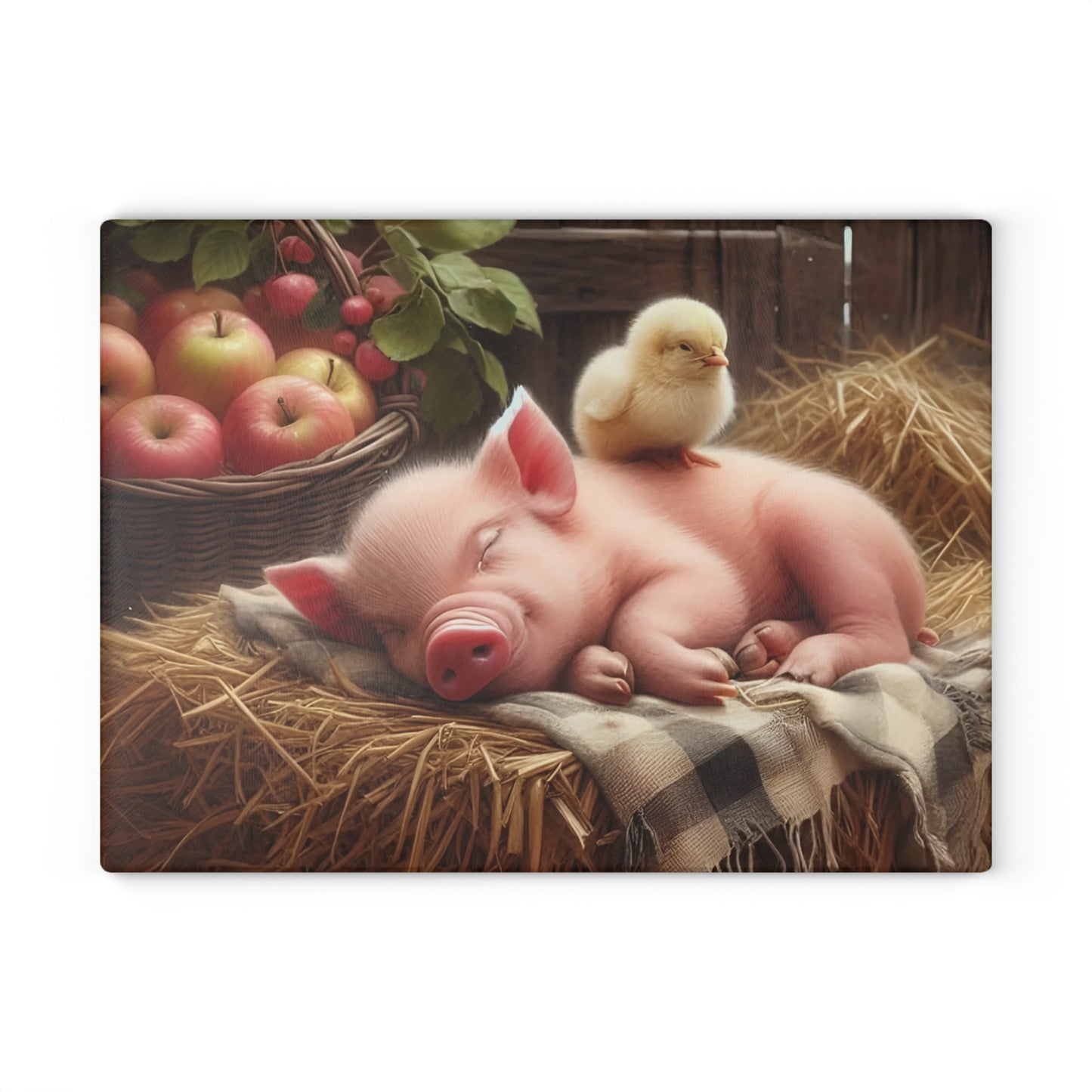 Tabla de cortar con diseño de cerdito y pollito en heno con manzanas, regalo único, tabla de cortar de vidrio, tabla de charcutería, tabla de cortar personalizada