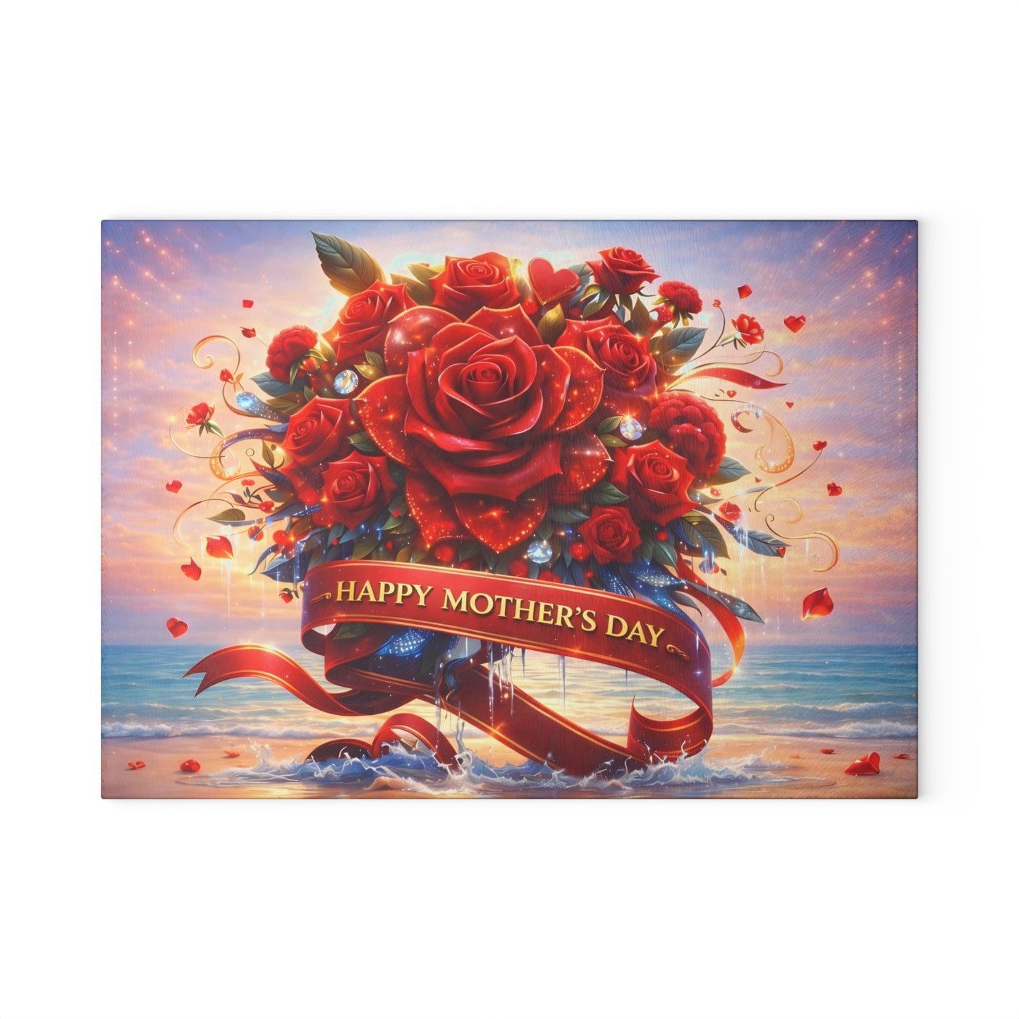 Happy Mothers Day Beach-Themed Glass Cutting Board – "Happy Mother’s Day" Ribbon with Roses, Glass cutting board, beach decor, coastal kitchen, Charcuterie Board, Custom cutting board, Flowers