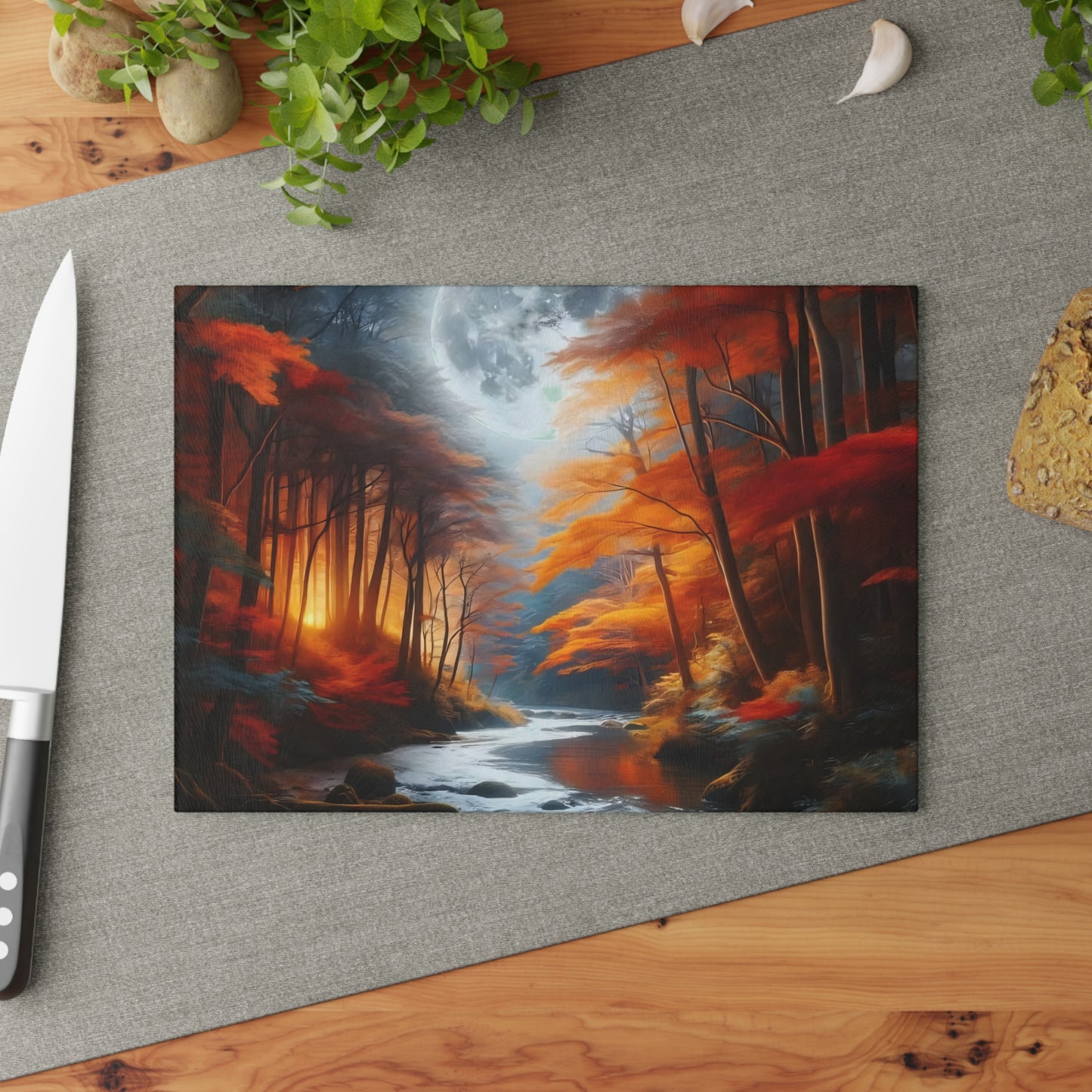 🌕🍂 Autumn Moon Glow Cutting Board – Enchanted Forest River Art 🍂🌕
