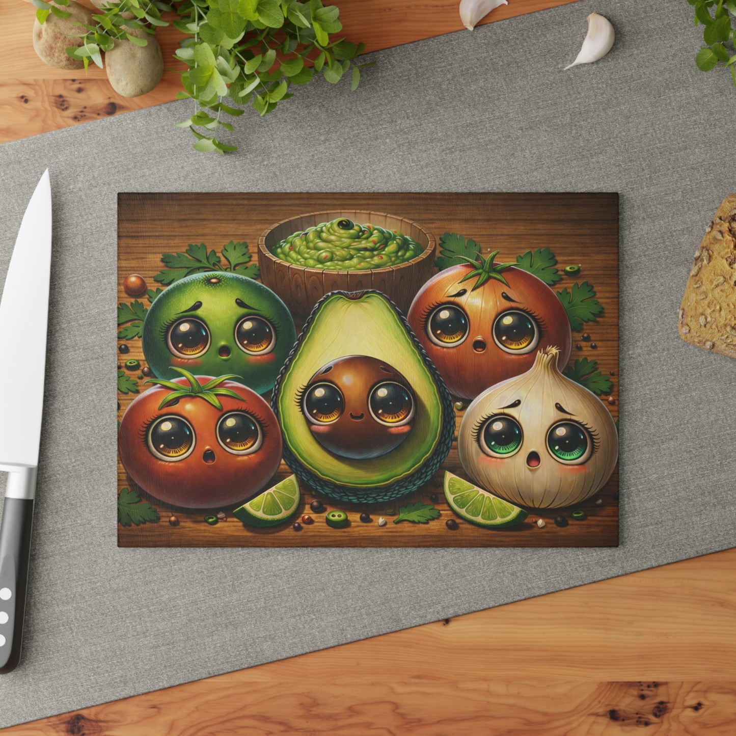 Cute Avocado & Veggie Glass Cutting Board – Whimsical Kitchen Art with Guacamole Charm