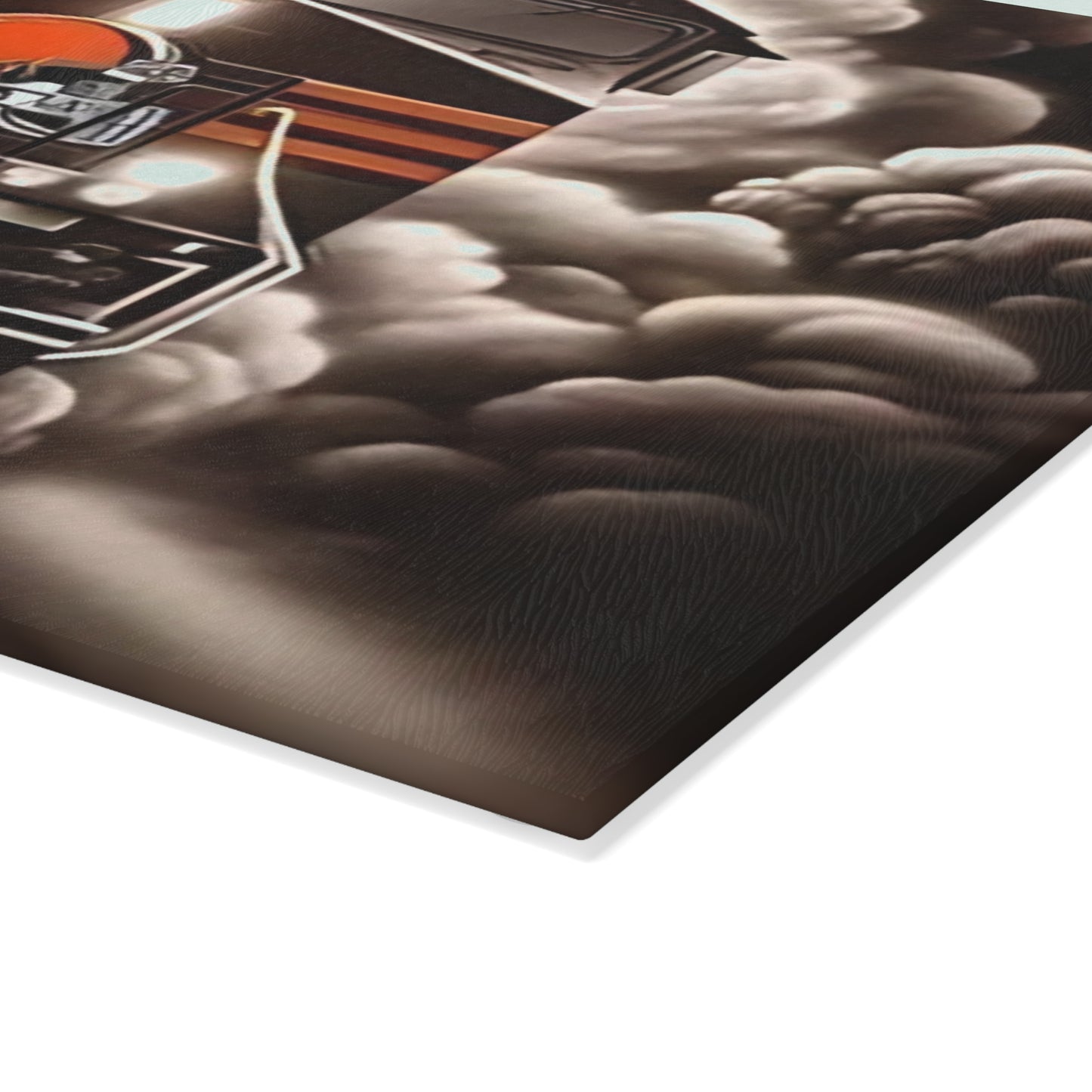 Brown & Orange Express Glass Cutting Board – Classic Train Design for Warm Rustic Kitchens