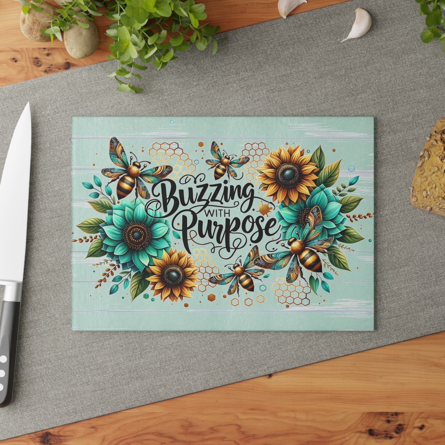 Buzzing with Purpose Glass Cutting Board – Uplifting Floral Bee Design for Your Kitchen