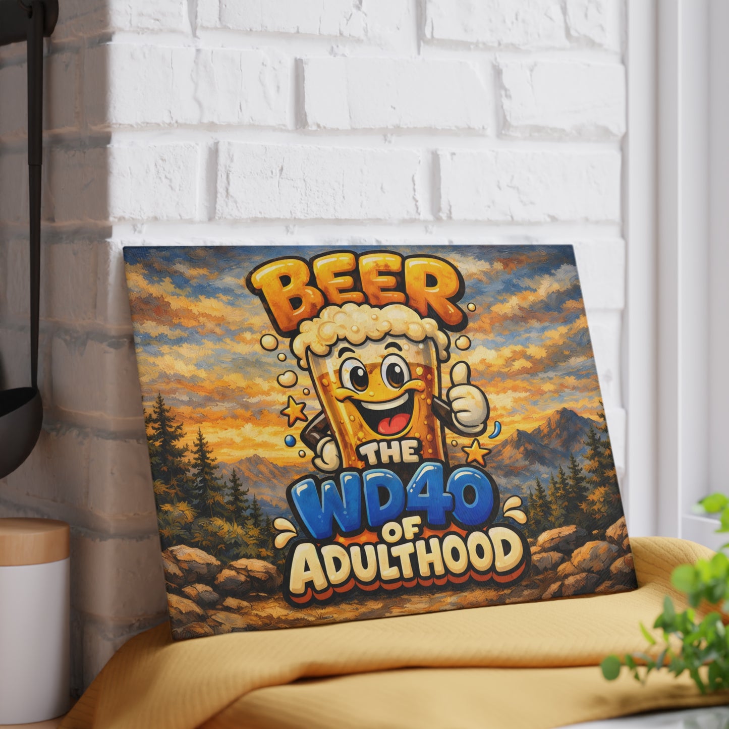 Funny Beer Glass Cutting Board – “Beer Is the WD40 of Adulthood” Mountain Humor Kitchen Decor