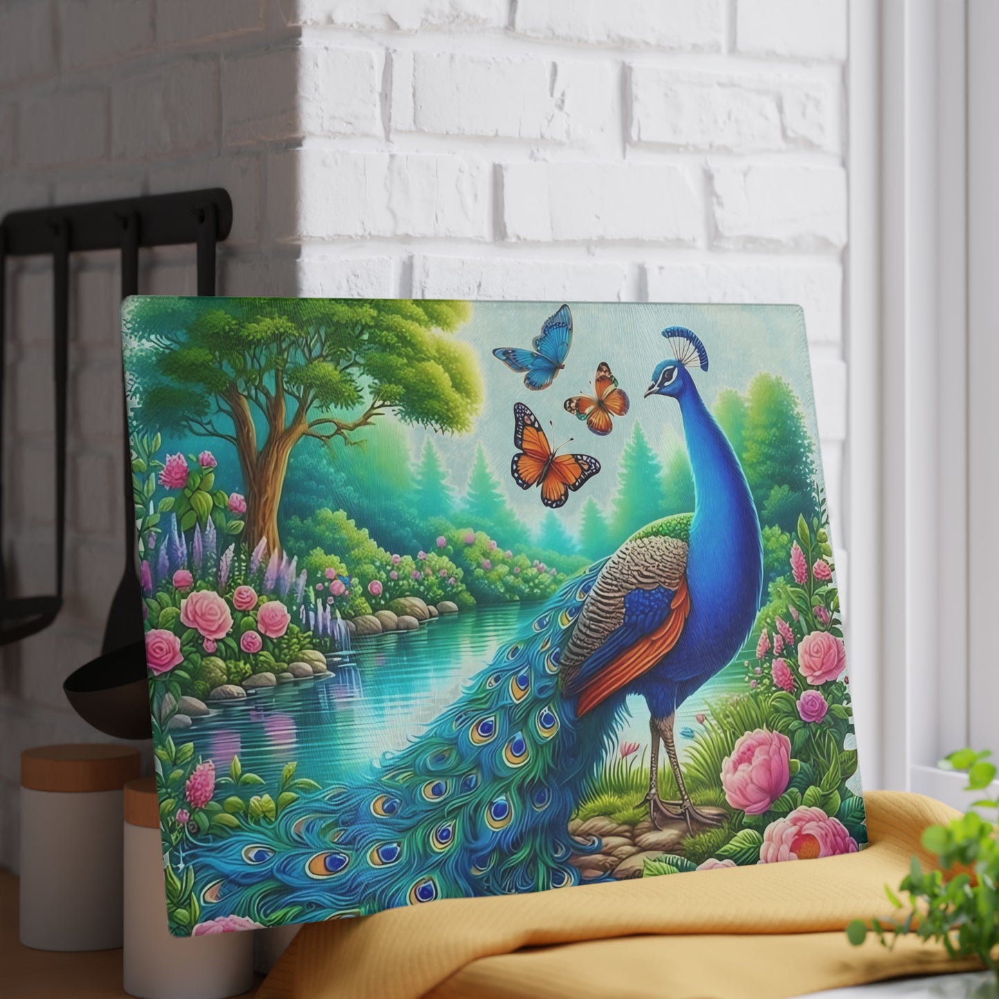 Peacock decor, butterfly decor, cutting board, kitchen decor, kitchen art, serving board, peacock gift, butterfly gift, floral cutting board