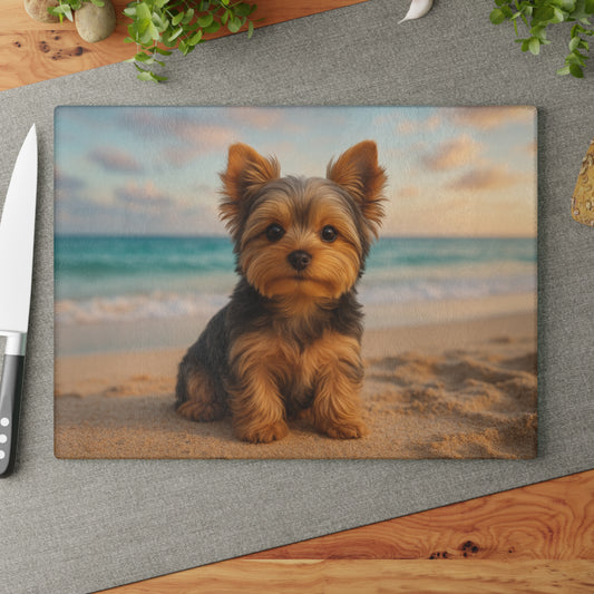 🐾🌊 Yorkie Puppy at the Beach Cutting Board – Coastal Cuteness for Your Kitchen 🐚