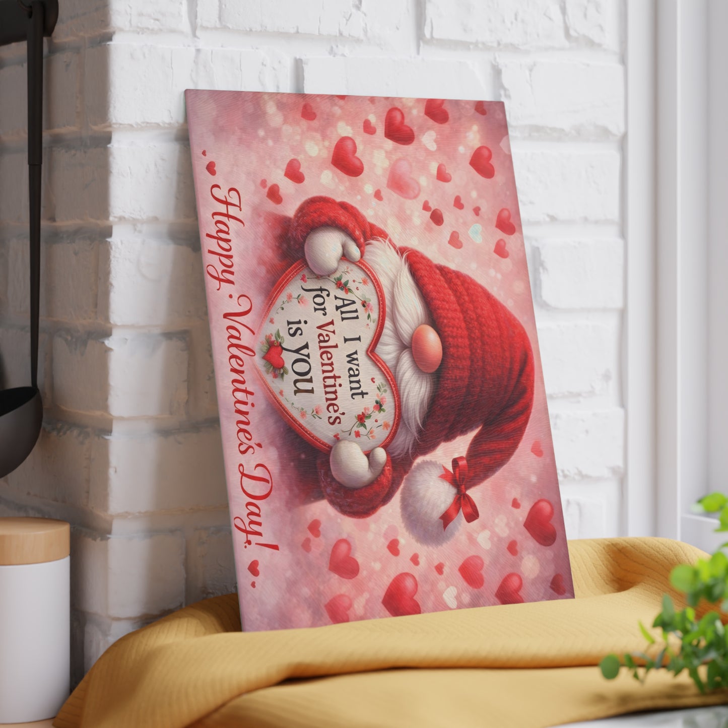 Valentine Gnome Glass Cutting Board – Romantic Heart-Themed Kitchen Décor