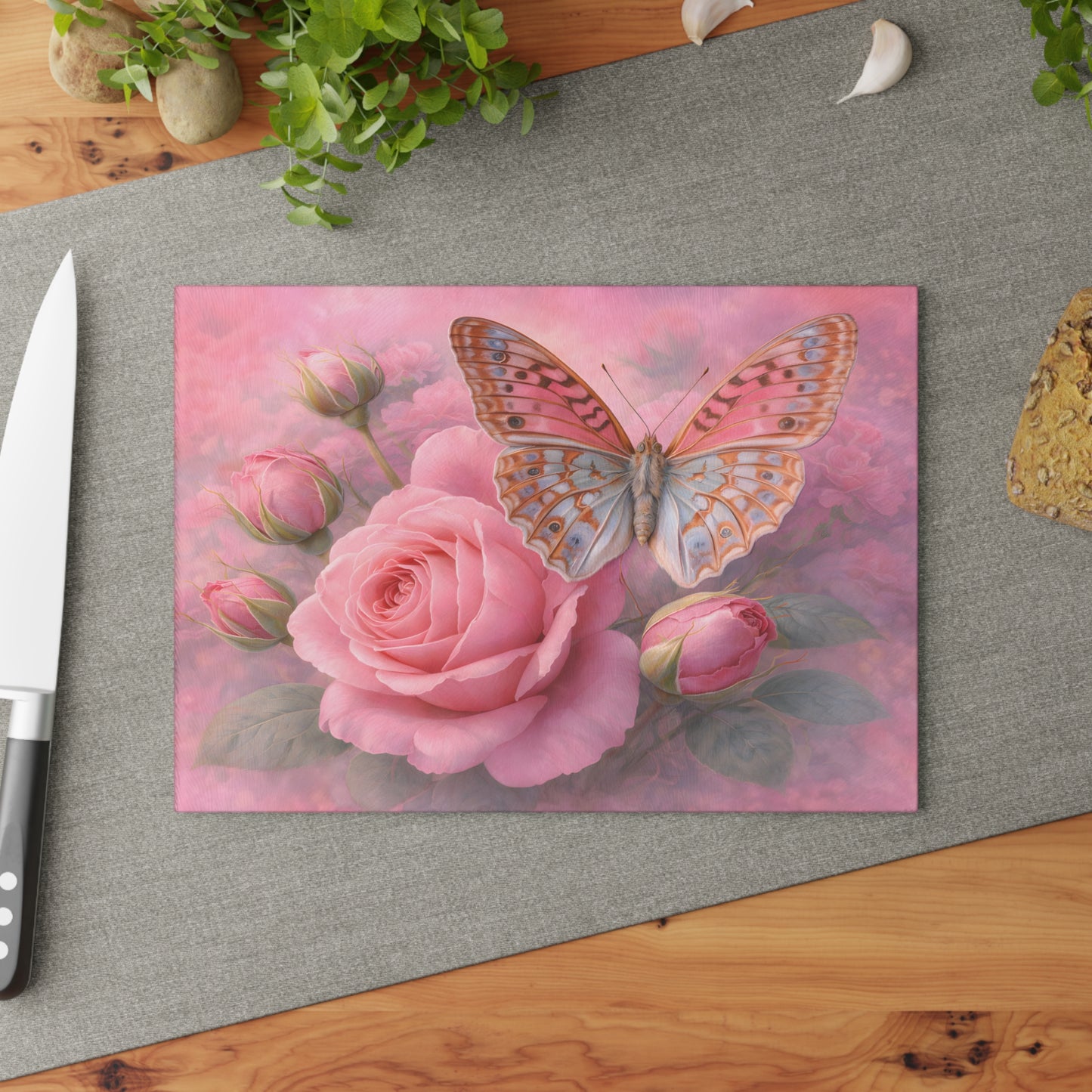 Pink Rose & Butterfly Glass Cutting Board – Romantic Floral Butterfly Kitchen Art