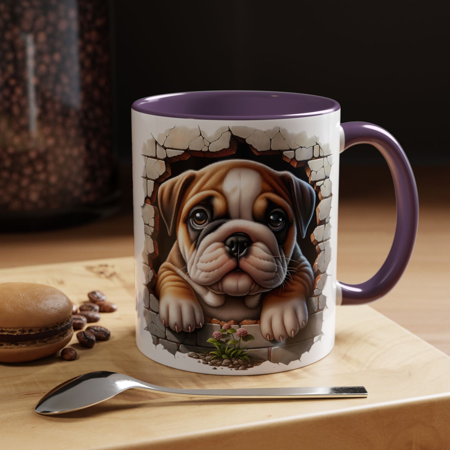 🎀🐶 English Bulldog Puppy Accent Mug – Cute Peek-Through Dog Design for Animal Lovers ☕💖