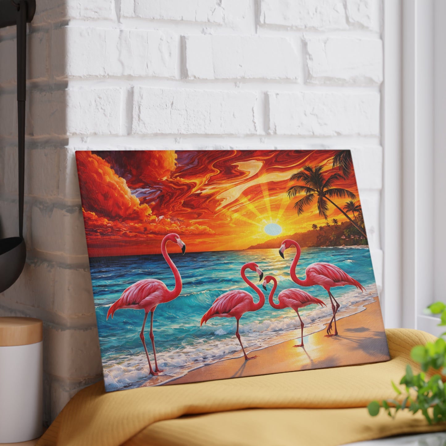 Vibrant Flamingo Sunset Glass Cutting Board – Tropical Coastal Kitchen Decor
