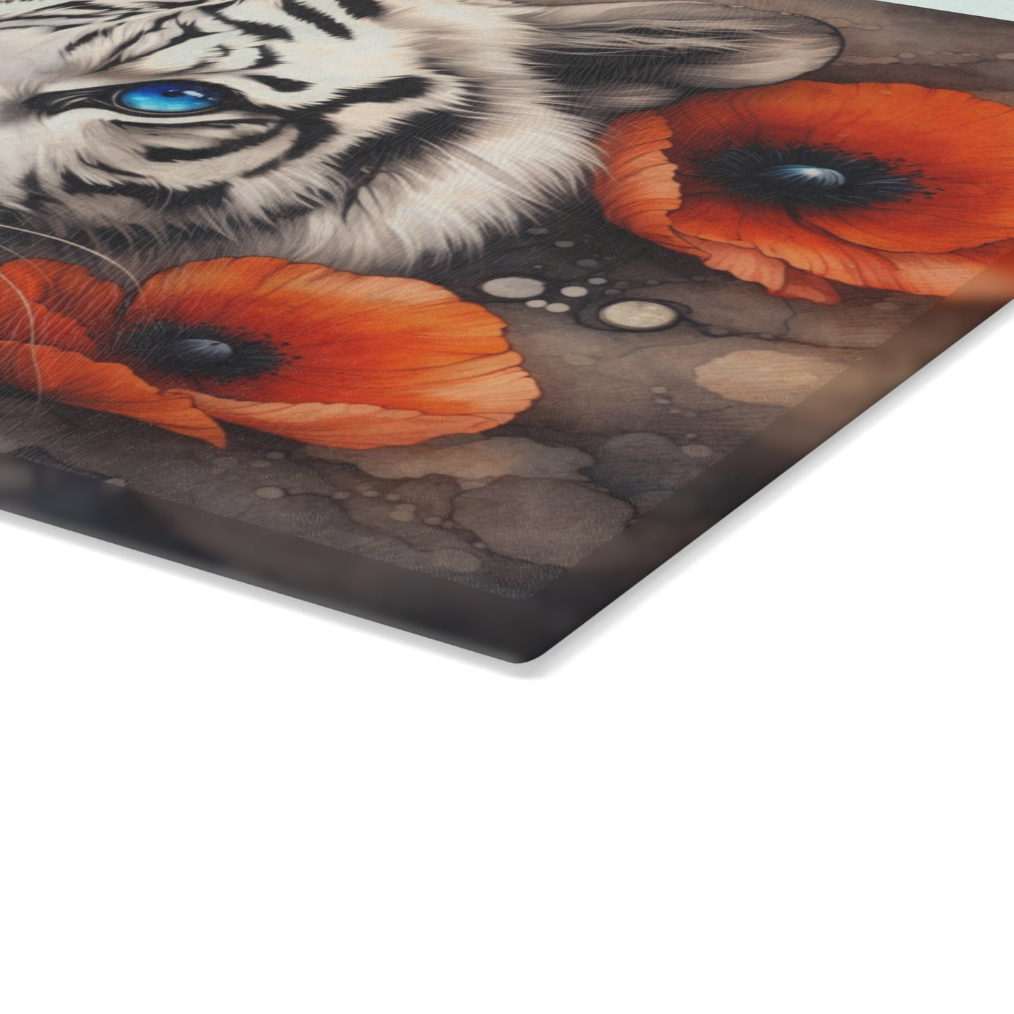 White Tiger with Blue Eyes Glass Cutting Board – Elegant Wildlife Floral Artwork