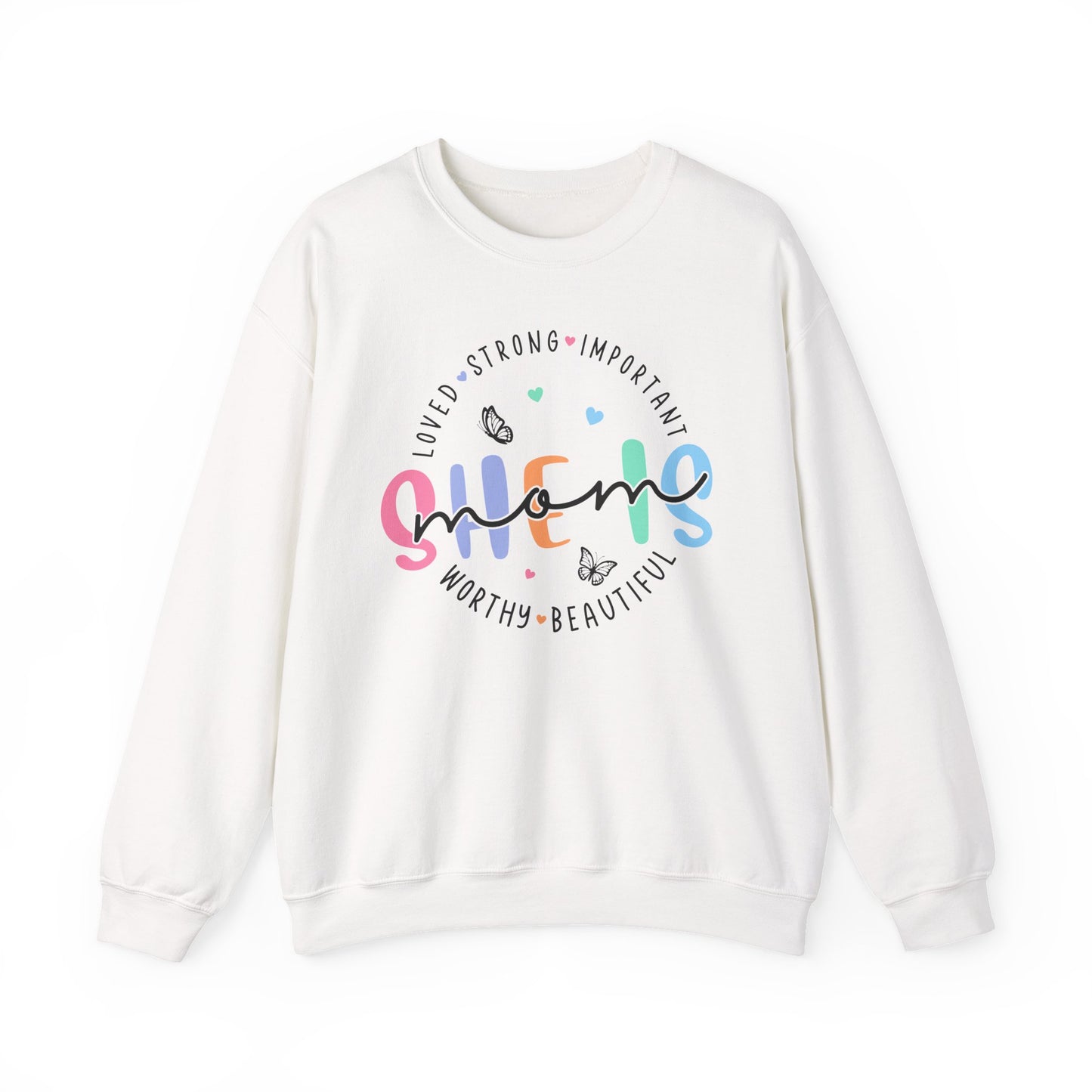 🌸✨ She Is Mom Sweatshirt – Strong, Loved, Beautiful & Worthy 🦋💖
