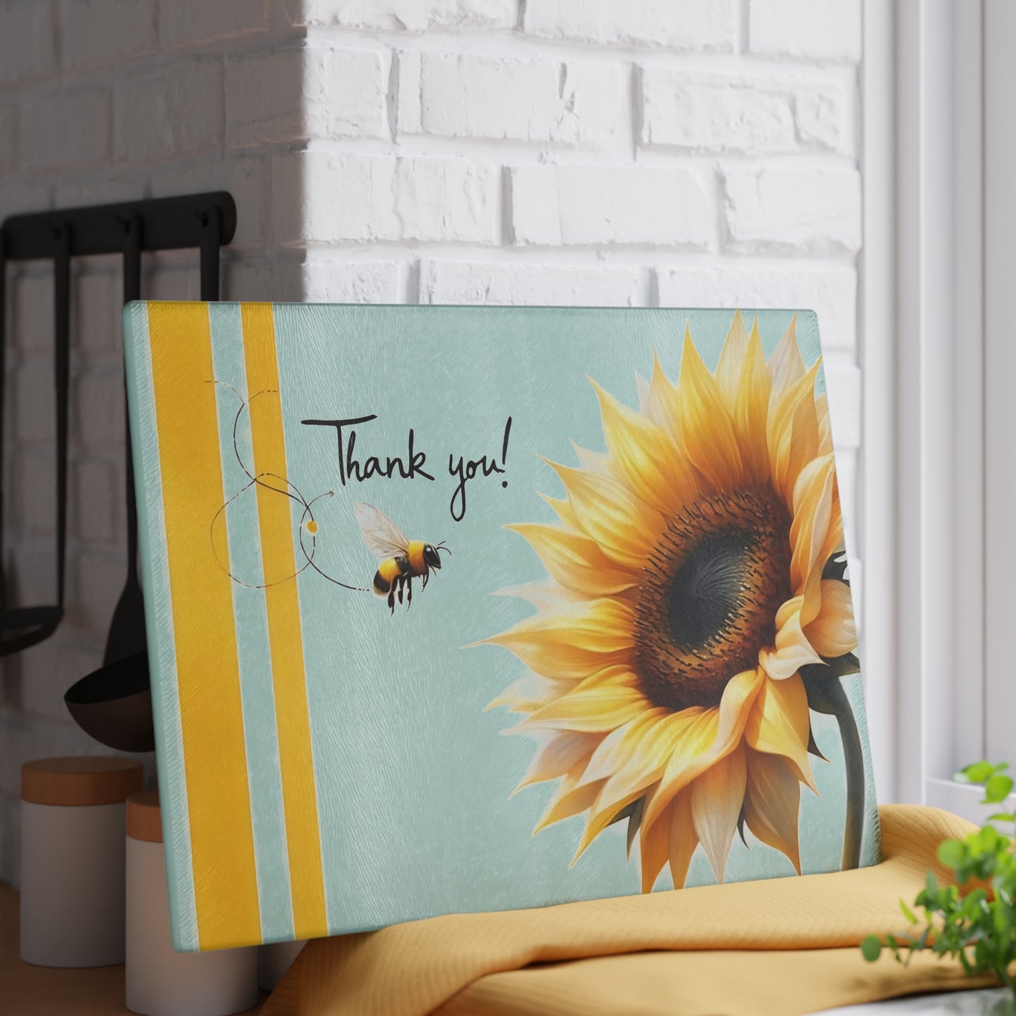 ¡Gracias! Tabla de cortar de vidrio con diseño de girasol y abeja: decoración floral brillante para la cocina