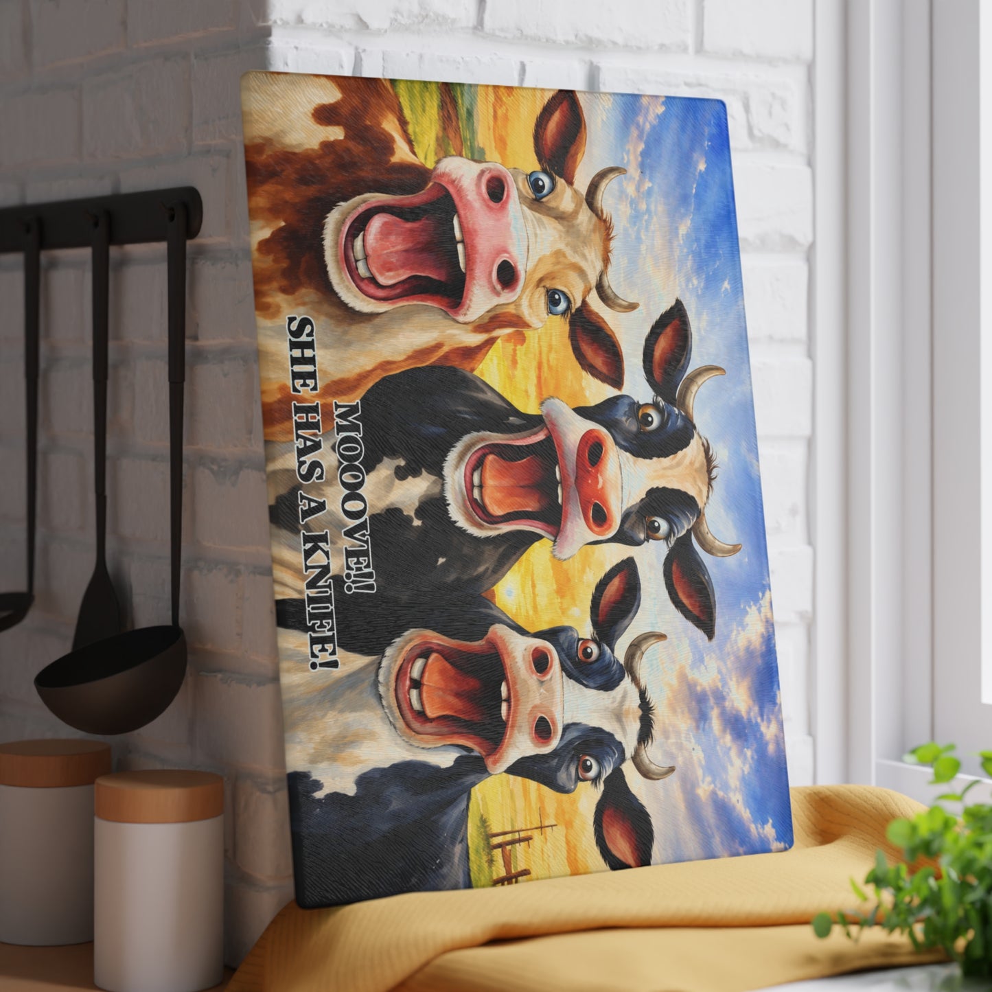 Mooove!! She Has a Knife Glass Cutting Board – Funny Farm Kitchen Decor