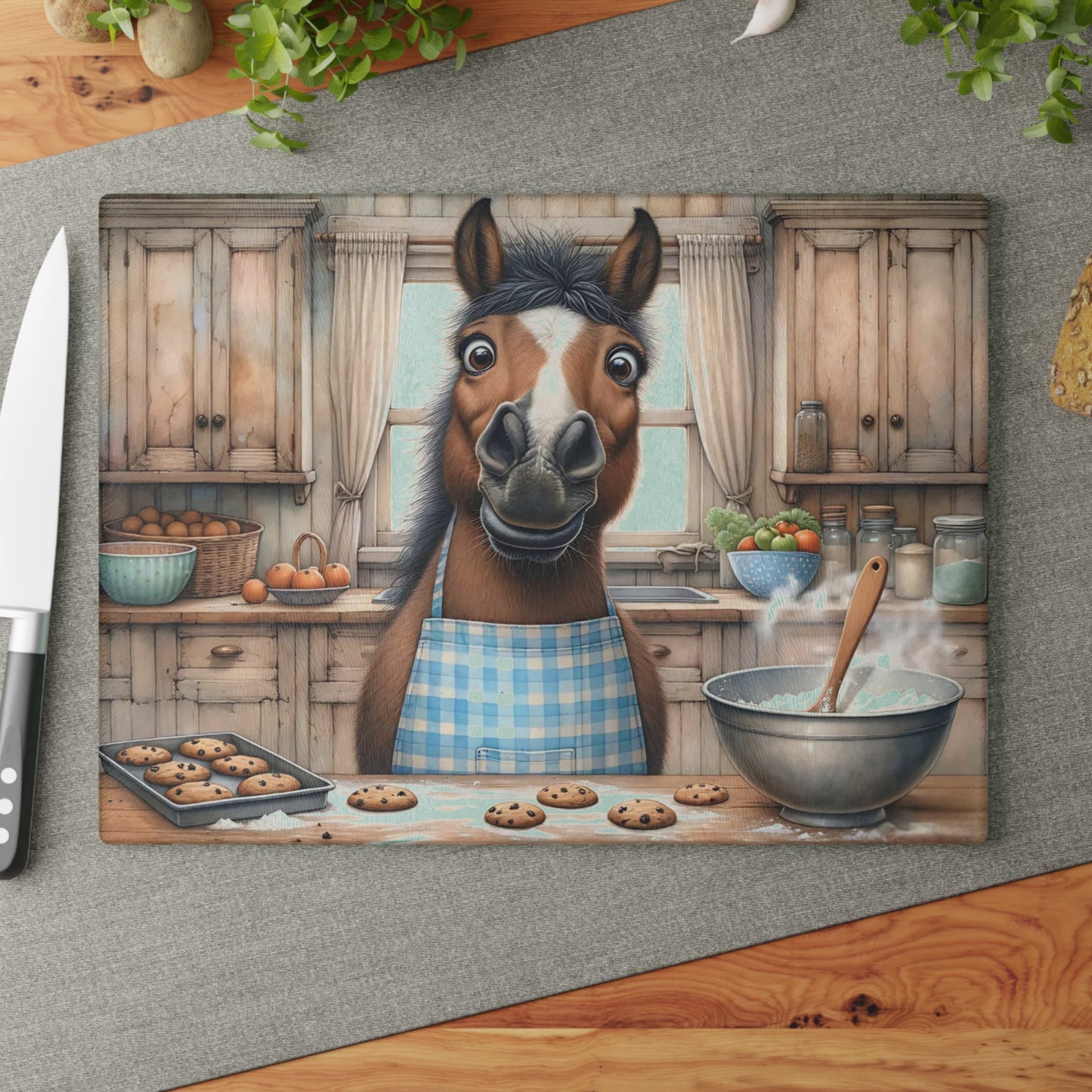 🐴🍪 “Baking Buddy Horse” Glass Cutting Board – Cozy Laughs for Your Kitchen