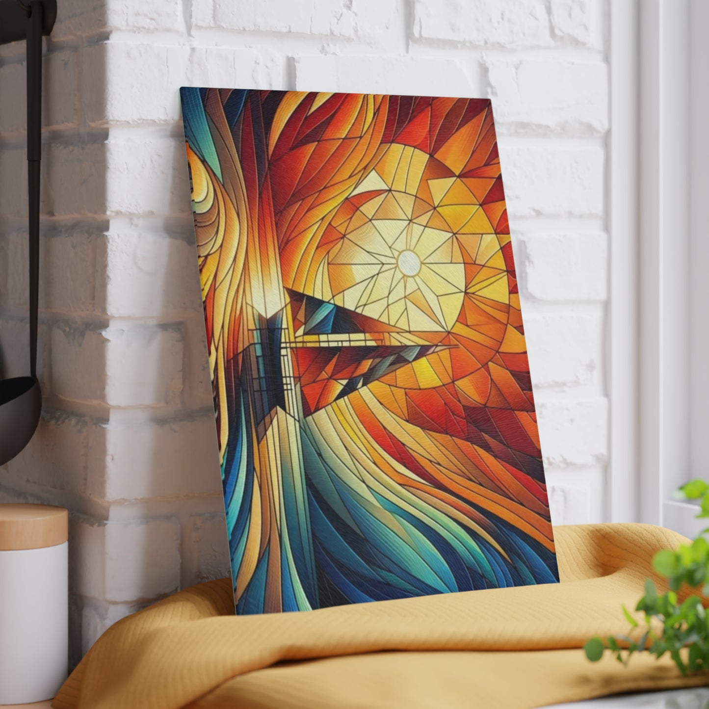 Tabla de cortar con diseño de velero al atardecer con aspecto de vitral: arte costero colorido para la cocina