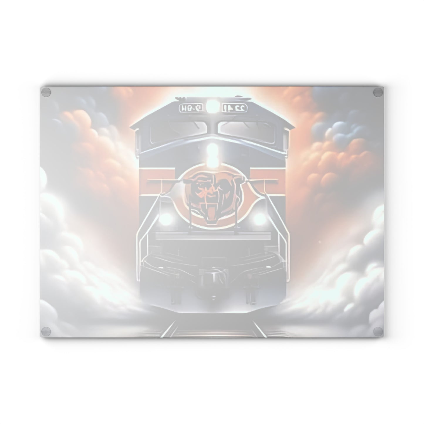 Navy & Orange Express Glass Cutting Board – Striking Train Art for Bold Kitchens