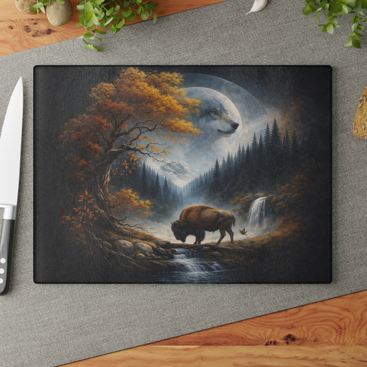 Moonlit Wolf Spirit Forest Glass Cutting Board – Mystical Wildlife Landscape Kitchen Art