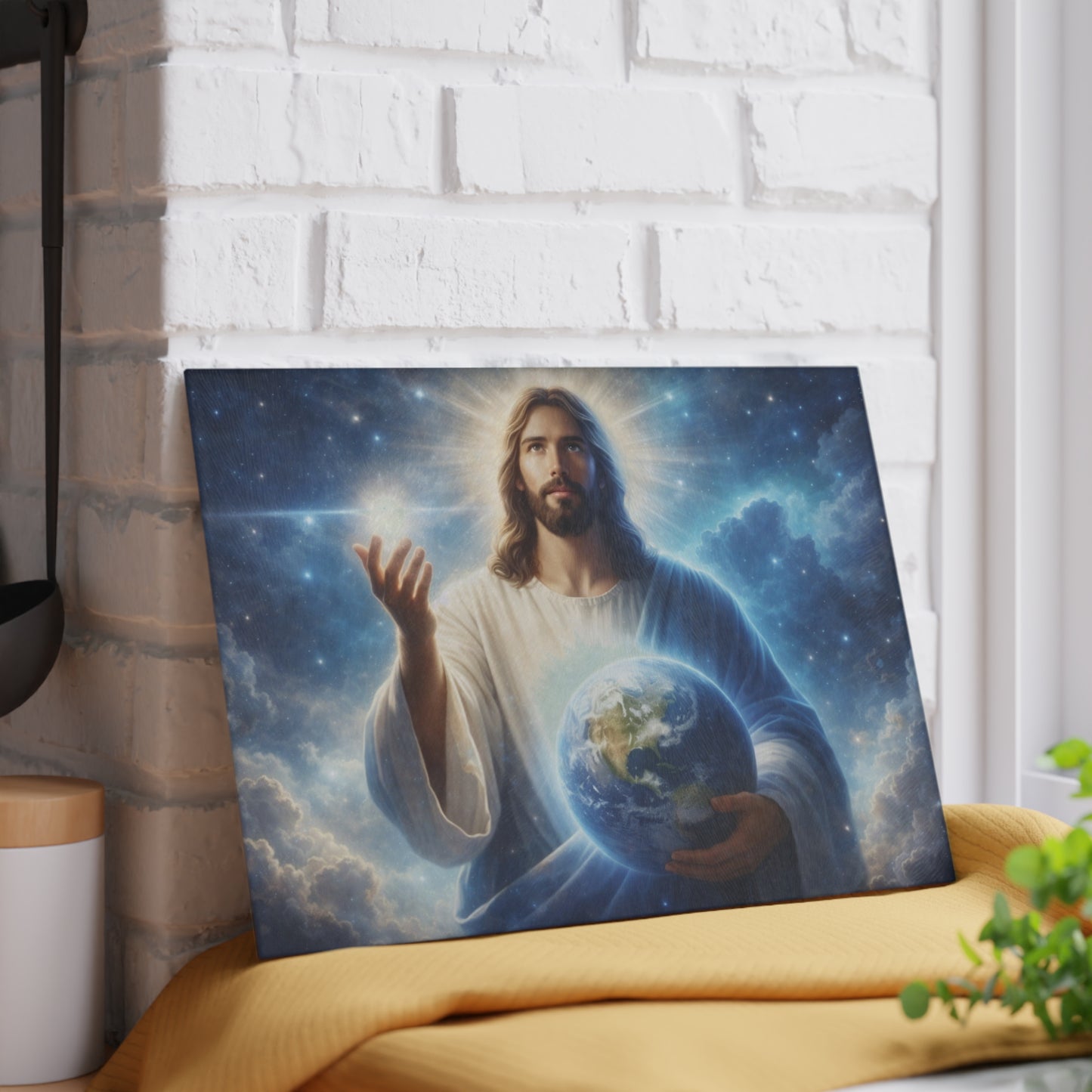 King of Creation Glass Cutting Board – Faith-Inspired Artwork Holding the World