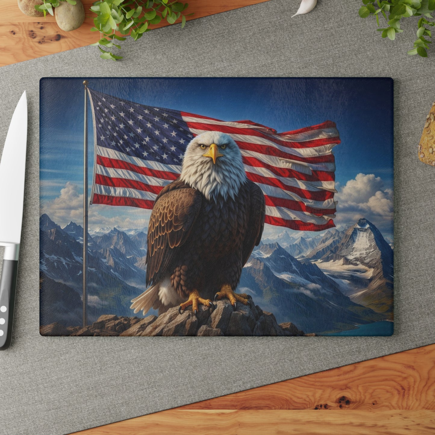American Eagle Mountain Glass Cutting Board – Patriotic Bald Eagle Landscape Kitchen Art & Display Board