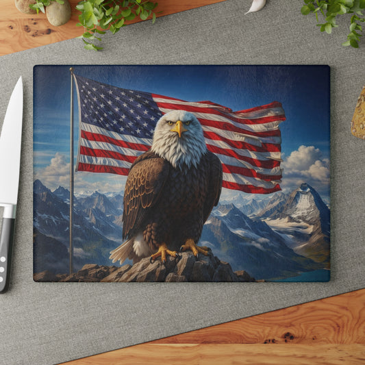 American Eagle Mountain Glass Cutting Board – Patriotic Bald Eagle Landscape Kitchen Art & Display Board