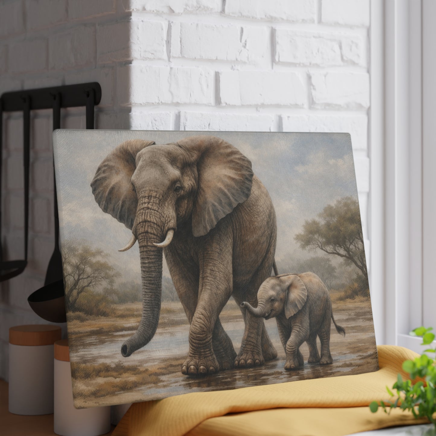 Mother and Baby Elephant Glass Cutting Board – Gentle Safari Wildlife Kitchen Art