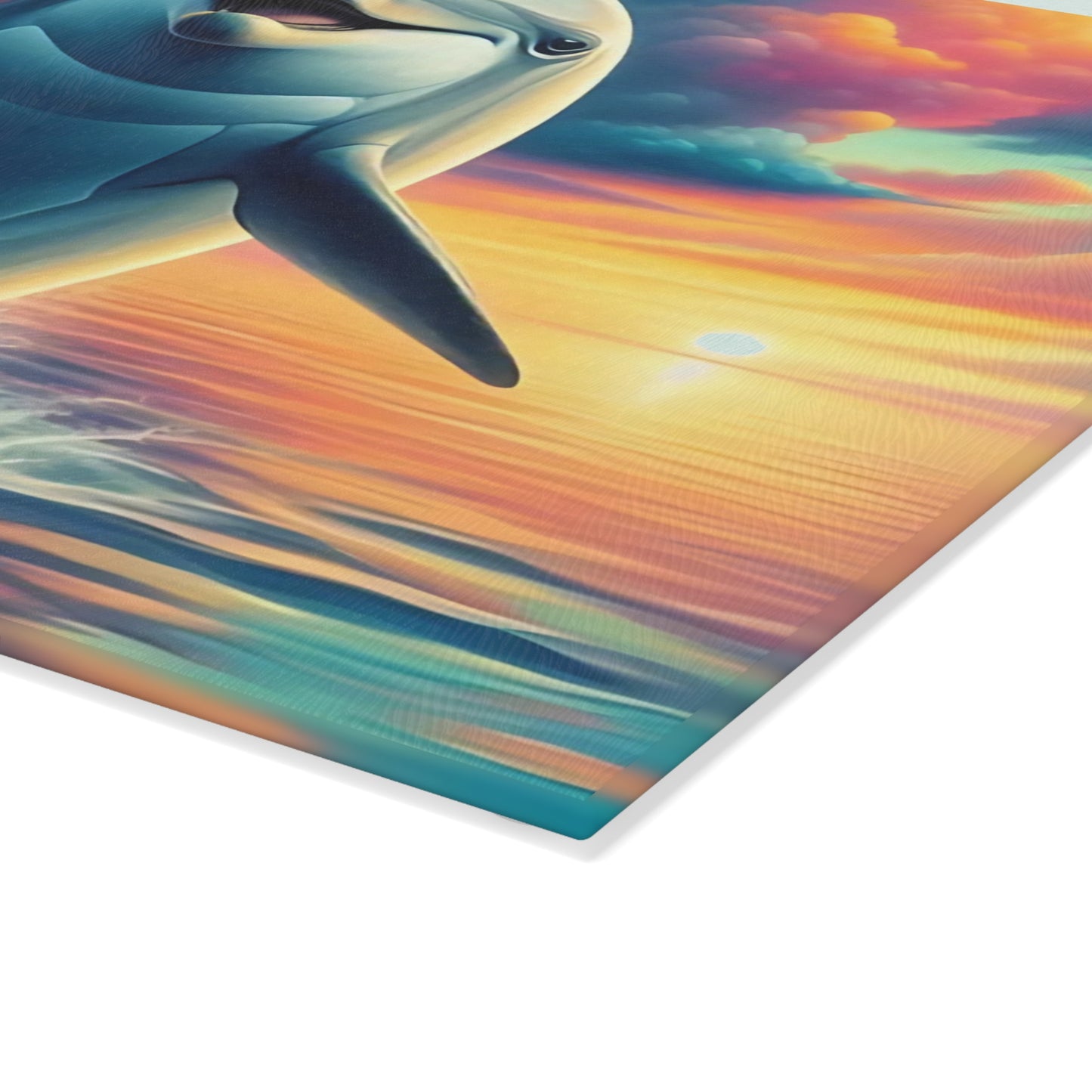 Happy Dolphin & Rainbow-Colored Clouds Glass Cutting Board – Whimsical Ocean Kitchen Art