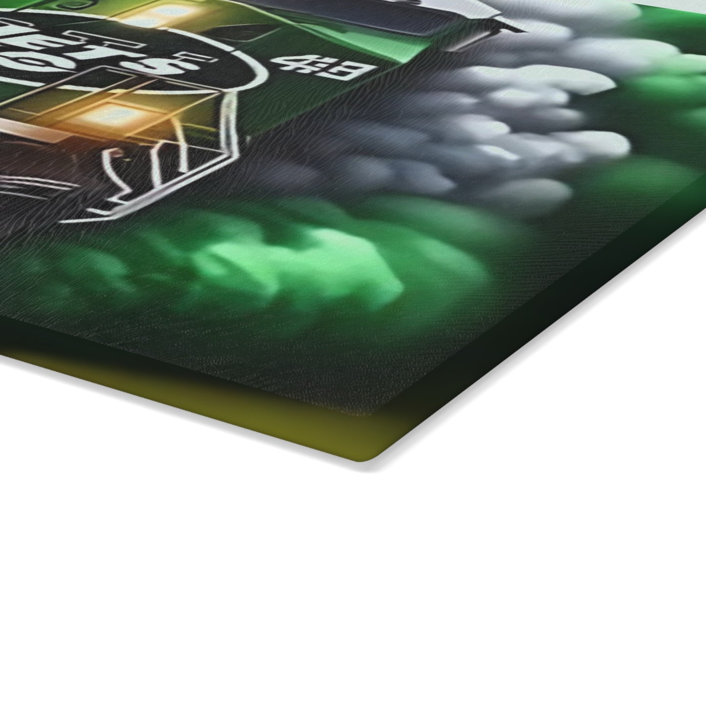 Green & White Express Glass Cutting Board – Clean Train Art for Fresh, Classic Kitchens