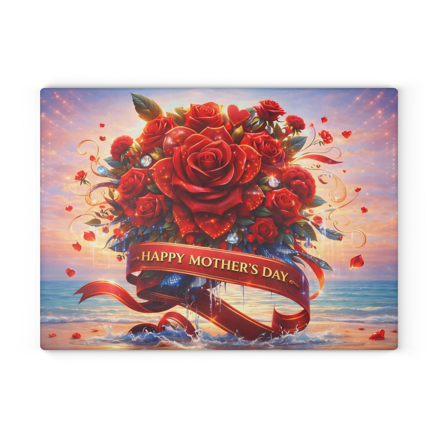 Happy Mothers Day Beach-Themed Glass Cutting Board – "Happy Mother’s Day" Ribbon with Roses, Glass cutting board, beach decor, coastal kitchen, Charcuterie Board, Custom cutting board, Flowers