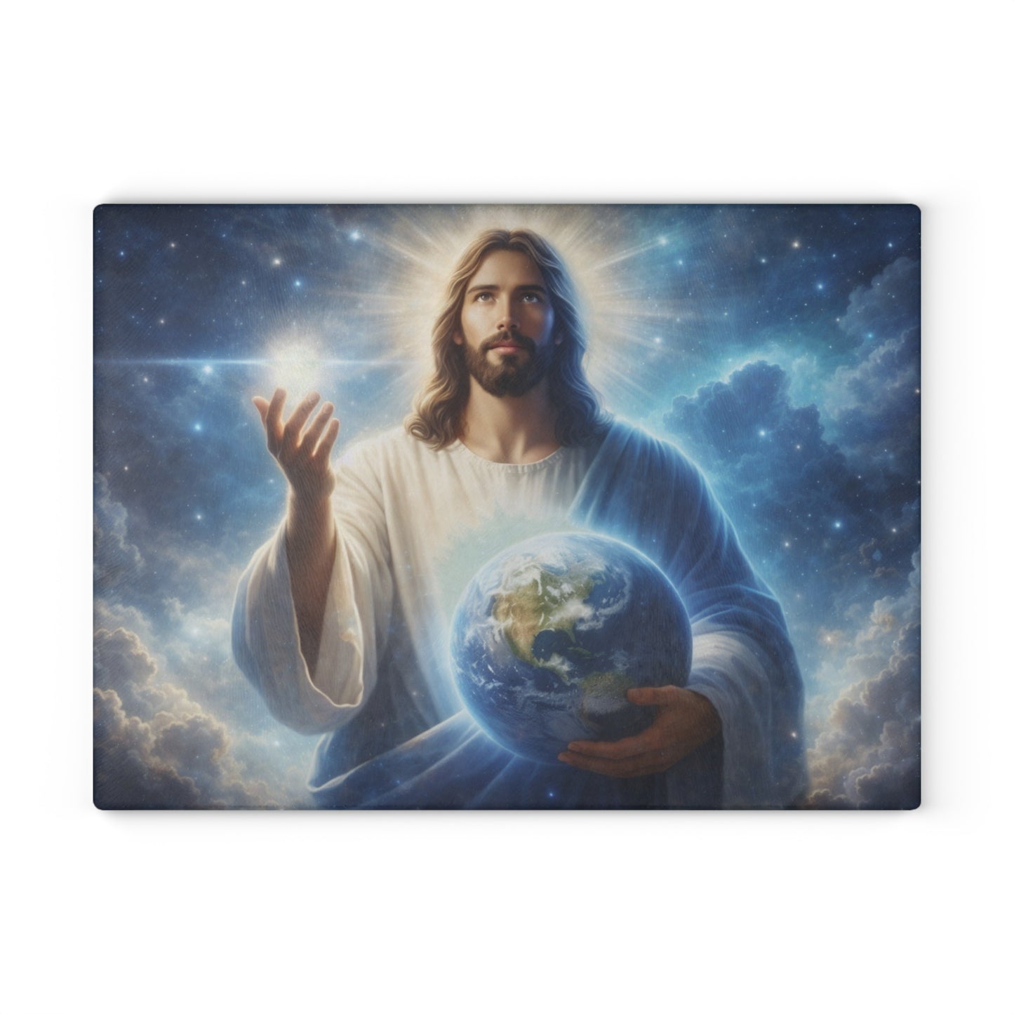 King of Creation Glass Cutting Board – Faith-Inspired Artwork Holding the World