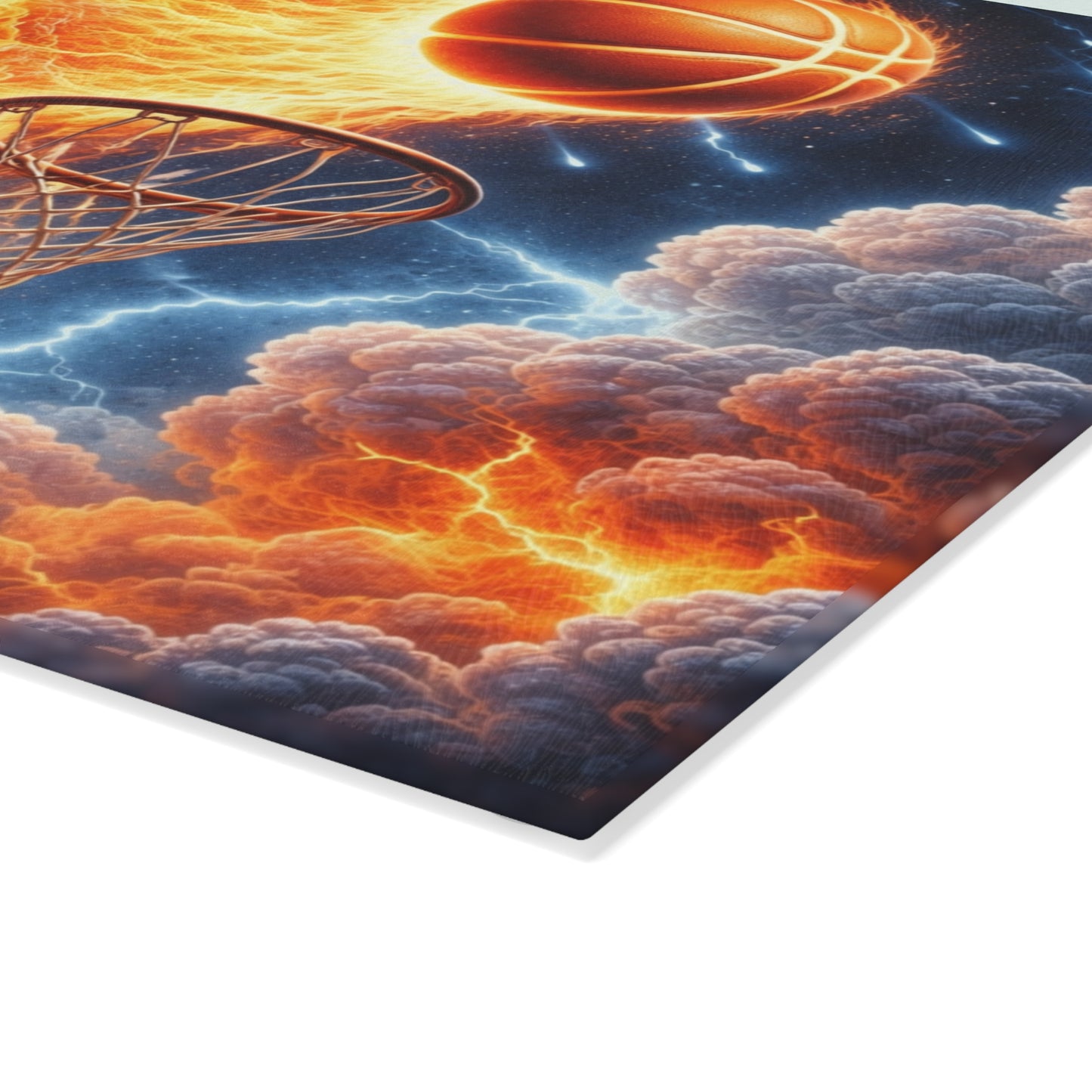 Fiery Basketball Slam Glass Cutting Board – High-Energy Sports Art for Your Kitchen