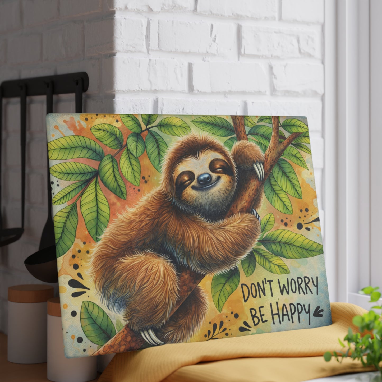 Don’t Worry Be Happy Glass Cutting Board – Whimsical Sloth Artwork