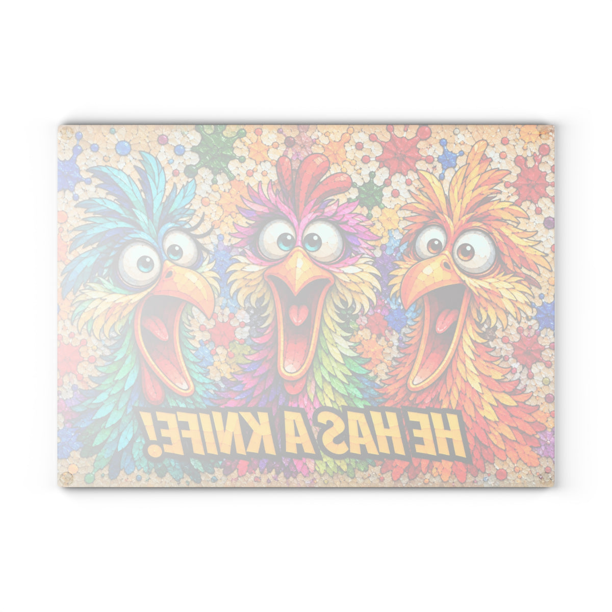 He Has a Knife! Funny Colorful Birds Stained-Glass-Inspired Glass Cutting Board