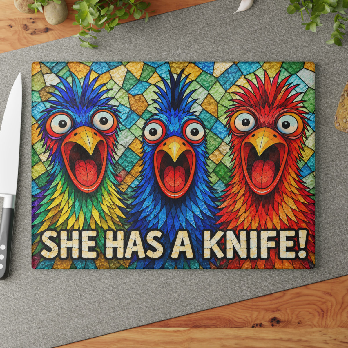Funny Colorful Bird Glass Cutting Board – She Has a Knife Kitchen Humor