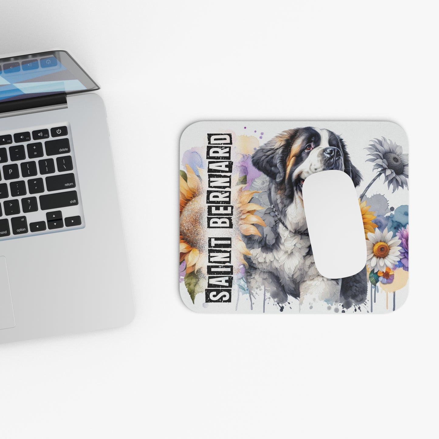 🖱️🐾🌻 Saint Bernard Mouse Pad – Gentle Giant with Sunflowers & Florals