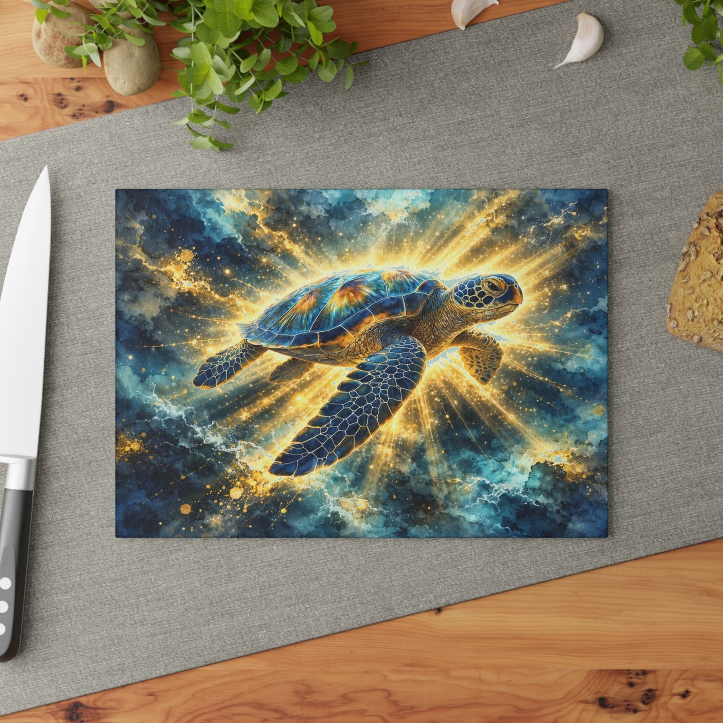 Radiant Sea Turtle Glass Cutting Board – Luminous Ocean Wildlife Art