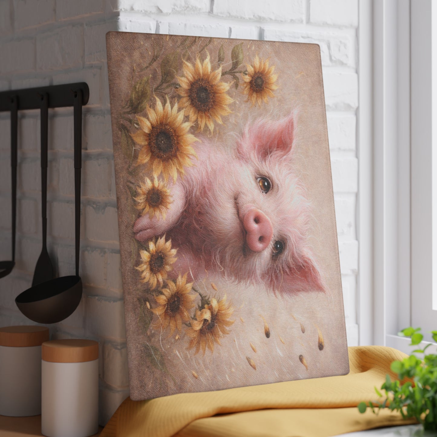 Sunflower Pig Glass Cutting Board – Cozy Farmhouse Kitchen Decor
